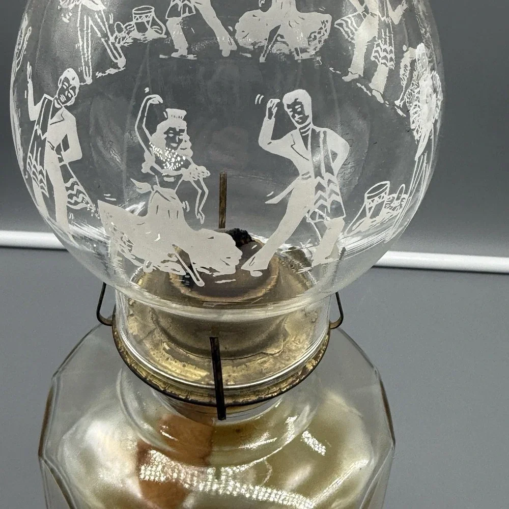 Vintage Amber Glass Oil Lamp Dancing Couple Etched Hurricane Lamp Kerosene Decor